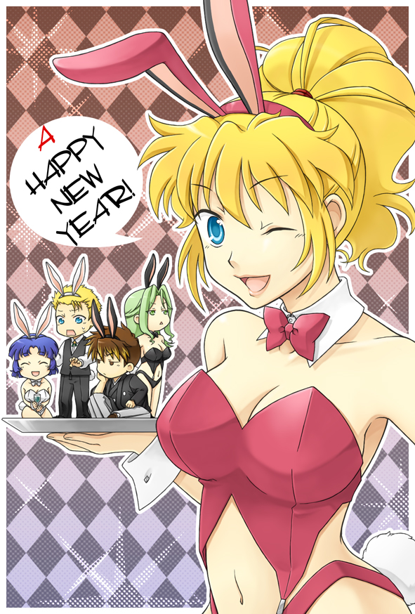1girl alternate_costume animal_ears banpresto blonde_hair blue_eyes bow bowtie breasts brooklyn_luckfield brown_eyes brown_hair cleavage drink excellen_browning closed_eyes formal_clothes green_eyes green_hair happy_new_year indian_style japanese_clothes jitome kusuha_mizuha kyousuke_nanbu lamia_loveless large_breasts midriff mizuki_kaya multicolored_hair navel new_year one_eye_closed open_mouth ponytail rabbit_ears rabbit_tail seiza sitting super_robot_wars super_robot_wars_original_generation sweatdrop tail traditional_bowtie tray two-tone_hair wink wl_valsion