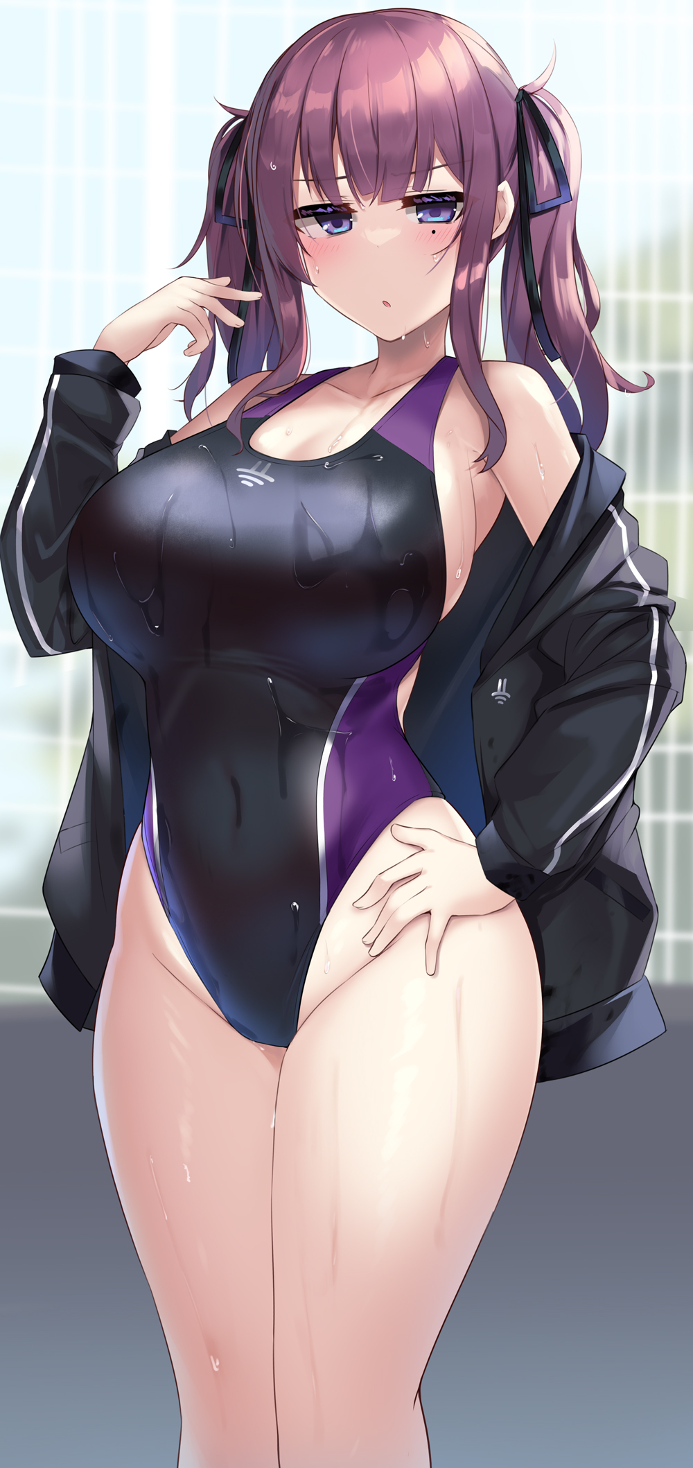 1girl black_bow black_one-piece_swimsuit black_ribbon bow breasts competition_swimsuit covered_navel cowboy_shot hair_bow hand_on_own_hip highleg highleg_one-piece_swimsuit highres jacket kutan large_breasts long_hair looking_at_viewer mole mole_under_eye multicolored_swimsuit natsuki_karin one-piece_swimsuit purple_eyes purple_hair ribbon solo standing swimsuit synthesizer_v twintails
