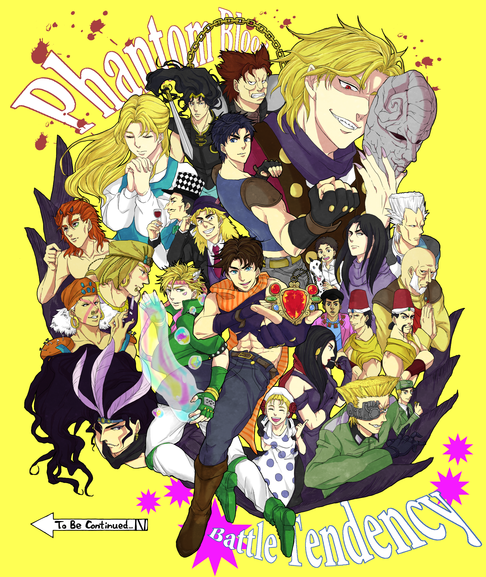 3girls 6+boys battle_tendency belt black_hair blonde_hair blue_eyes boots brown_hair bruford caesar_anthonio_zeppeli cup danny_(jojo) dio_brando dire_(jojo) dog drinking_glass english_text erina_pendleton esidisi everyone fingerless_gloves gloves green_footwear hat headband highres husband_and_wife jojo_no_kimyou_na_bouken jonathan_joestar joseph_joestar joseph_joestar_(young) kars_(jojo) kock_k lisa_lisa loggins_(jojo) mark_(jojo) mask messina_(jojo) midriff mother_and_son multiple_boys multiple_girls orange_hair pants phantom_blood poco_(jojo) polka_dot red_eyes red_hair red_stone_of_aja robert_e._o._speedwagon rudolph_von_stroheim santana_(jojo) scarf shoes sleeveless stone_mask_(jojo) straizo striped_clothes striped_scarf suzi_q tarkus tonpeti top_hat wamuu white_hair white_pants will_anthonio_zeppeli wine_glass yellow_background
