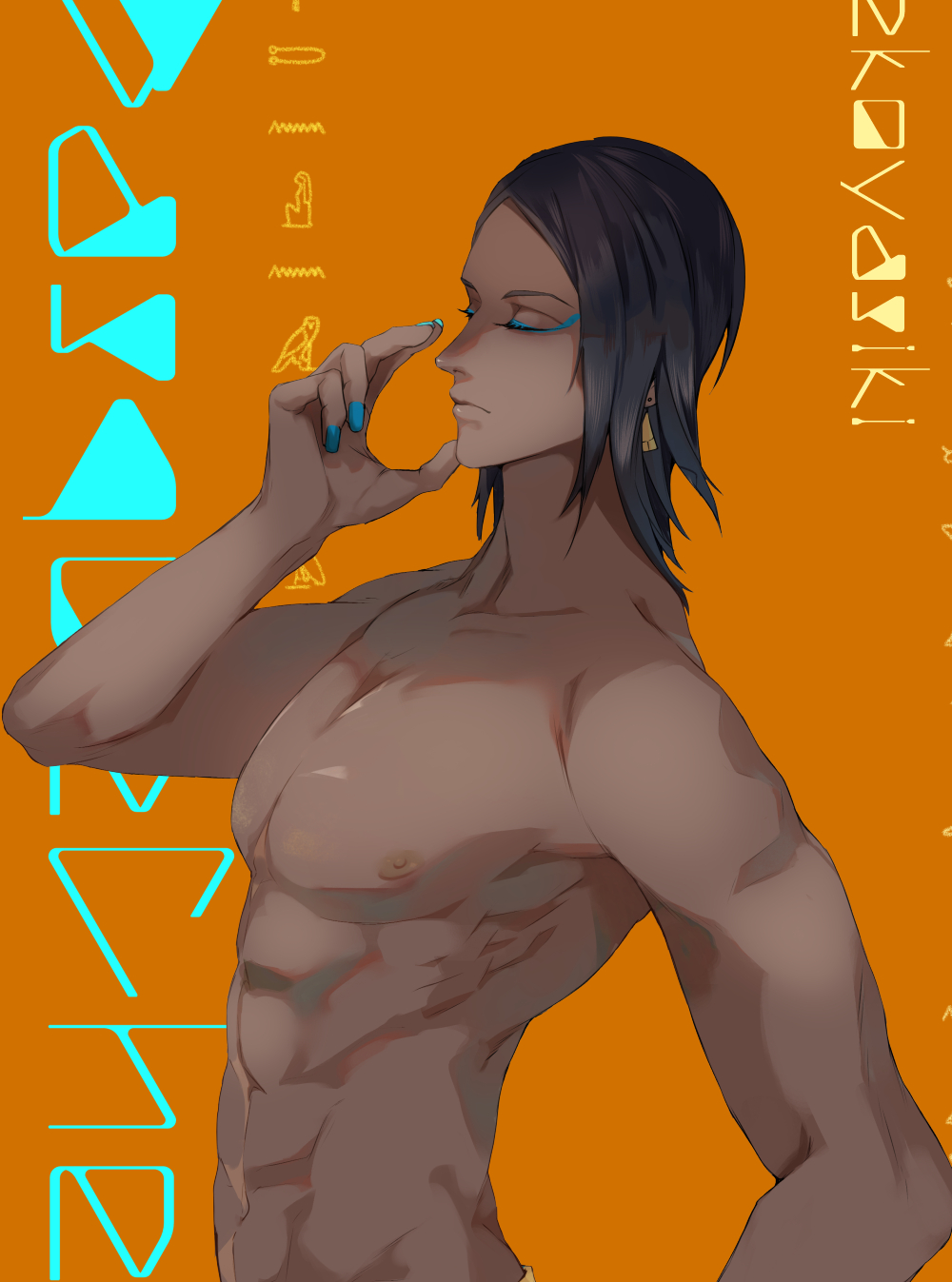 1boy ancient_egyptian_architecture artist_name black_hair blue_nails burnt_cheese_cookie colored_eyelashes commentary cookie_run dark-skinned_male dark_skin expressionless highres humanization male_focus nail_polish nekoyasiki33 personification short_hair solo topless_female topless_male