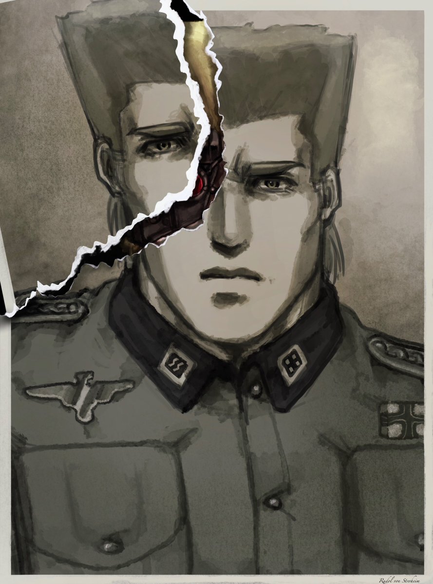 1boy akkkkkkk1199 battle_tendency blonde_hair breast_pocket collared_shirt cyborg dual_persona jojo_no_kimyou_na_bouken male_focus military military_uniform monochrome muted_color photo_(medium) pocket reichsadler rudolph_von_stroheim shirt spot_color torn_photo