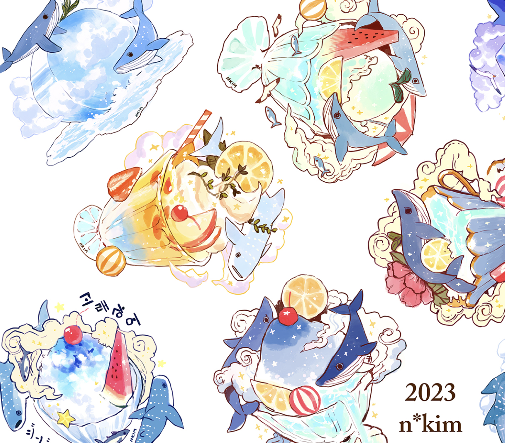 2023 artist_name berry bird cherry cup food fruit highres ice_cream korean_text mint nadia_kim orange_(fruit) orange_slice original seagull shark strawberry watermelon watermelon_slice whale whipped_cream