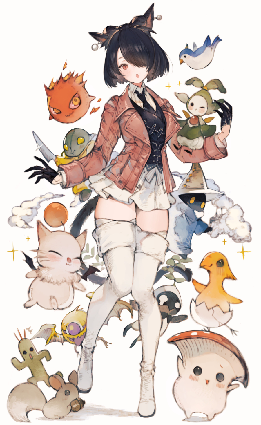 1girl animal_ears bird black_gloves black_hair bomb_(final_fantasy) boots broken_egg cat_ears cat_girl cat_tail commentary commission creature fang final_fantasy final_fantasy_xiv full_body gloves hair_over_one_eye highres kemomin_nosuke looking_at_viewer miqo&#039;te moogle mushroom nutkin open_mouth red_eyes sabotender short_hair skeb_commission skin_fang skirt slit_pupils solo tail thigh_boots thighhighs tonberry warrior_of_light_(ff14) white_boots white_skirt zettai_ryouiki