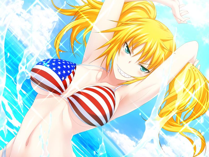 1girl american_flag american_flag_bikini american_flag_print bikini blonde_hair blue_eyes breasts flag_print flag_print_bikini grin kawagishi_keitarou looking_at_viewer maji_de_watashi_ni_koi_shinasai! print_bikini sharp_teeth smile smirk smug solo stacy_connor swimsuit teeth v-shaped_eyebrows