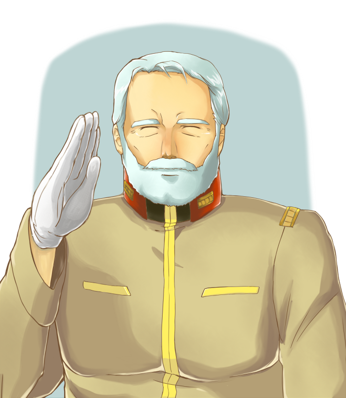 closed_eyes facial_hair general_revil gloves grey_hair gundam kibuya military military_uniform mobile_suit_gundam old salute