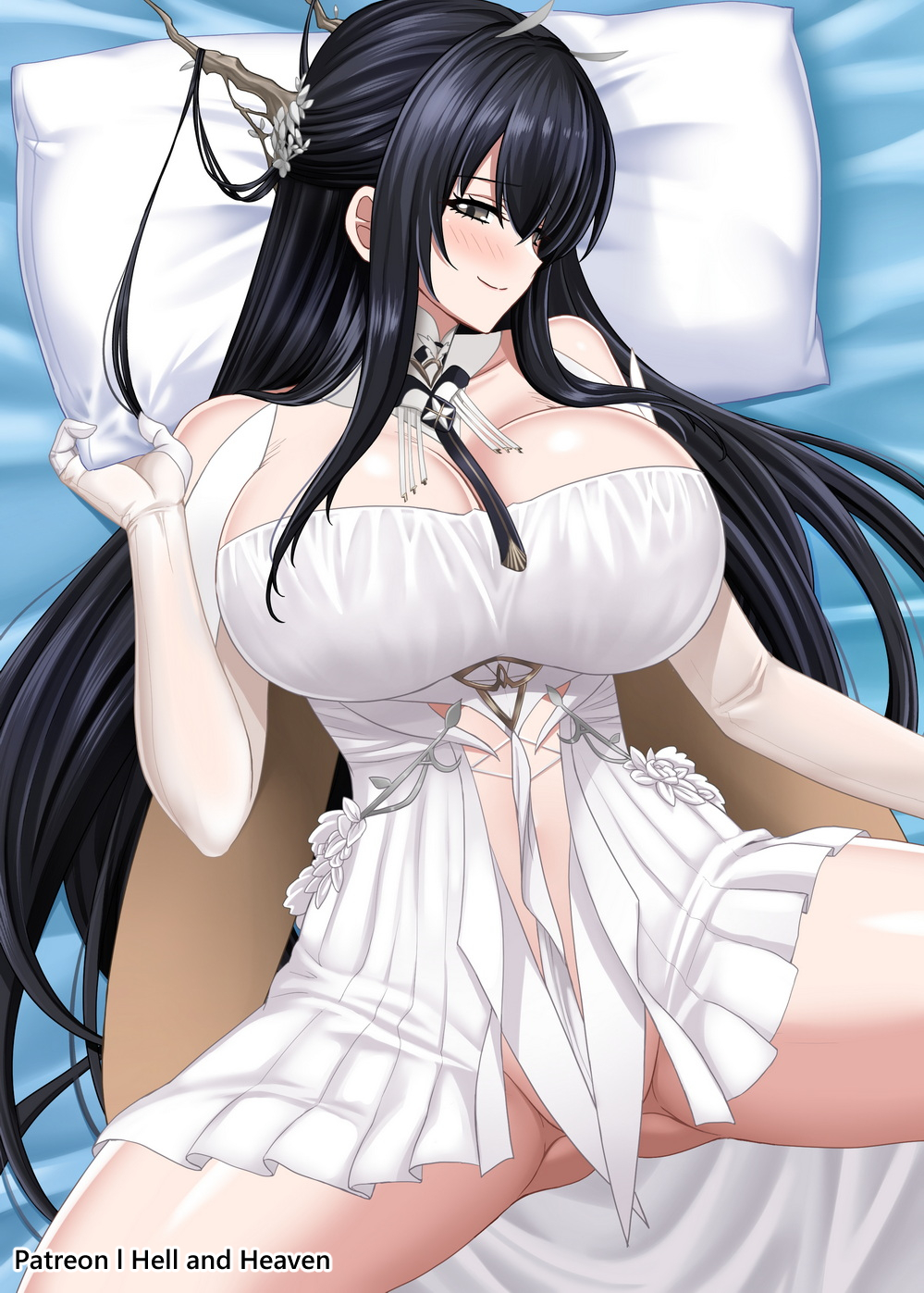 1girl artist_name azur_lane bare_shoulders black_hair breasts character_name cleavage dress elbow_gloves gloves grey_eyes hair_on_horn hellandheaven highres huge_breasts indomitable_(azur_lane) long_hair lying on_back on_bed patreon_username pillow short_dress solo spread_legs very_long_hair white_dress white_gloves
