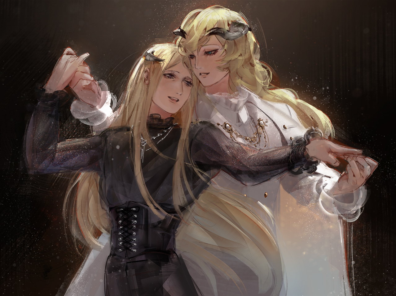 2boys androgynous aqua_eyes arm_up bishounen black_shirt blonde_hair brown_eyes cape collar commentary corset cowboy_shot dancing eye_contact eyelashes frilled_collar frilled_sleeves frills german_commentary holding_hands horns letsura1_(chocolate_orange) long_hair long_sleeves looking_at_another louis_(metaphor:_refantazio) male_focus metaphor:_refantazio more_(metaphor:_refantazio) multiple_boys parted_lips shirt smile upper_body very_long_hair vest waltz_(dance) wavy_hair white_cape white_shirt white_vest yaoi