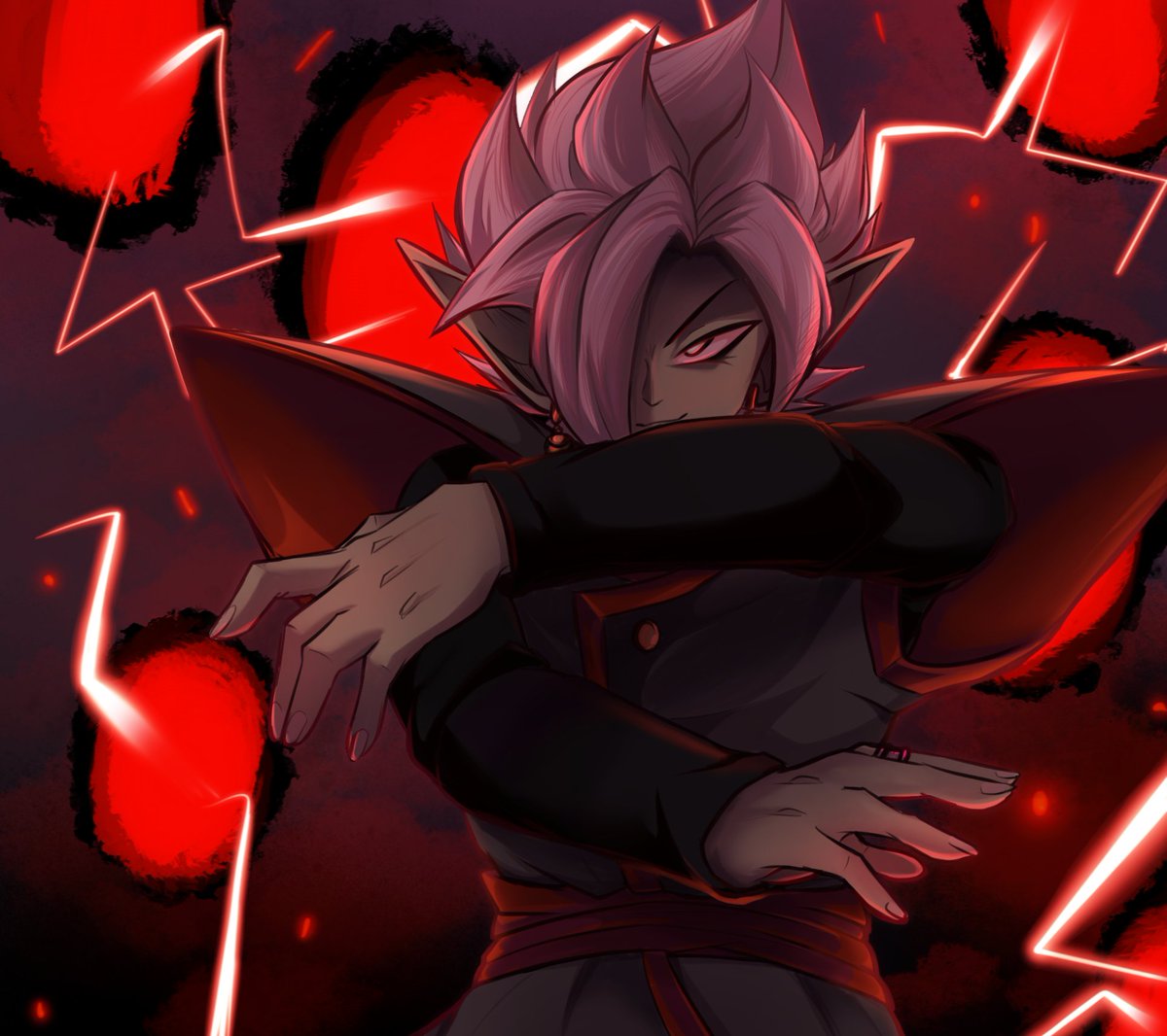 1boy black_bodysuit bodysuit colored_skin dragon_ball dragon_ball_super earrings fused_zamasu green_skin grey_eyes imminent_attack izabowl jewelry long_sleeves looking_at_viewer pointy_ears potara_earrings red_sash ring sash smile solo spiked_hair white_hair