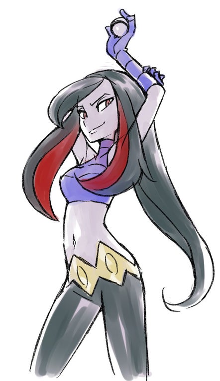 belt black_hair crop_top frontier_brain gloves image_sample long_hair lucy_(pokemon) midriff multicolored_hair navel nintendo pants poke_ball pokemon pokemon_emerald pokemon_rse red_eyes sketch smile smirk sugimori_ken