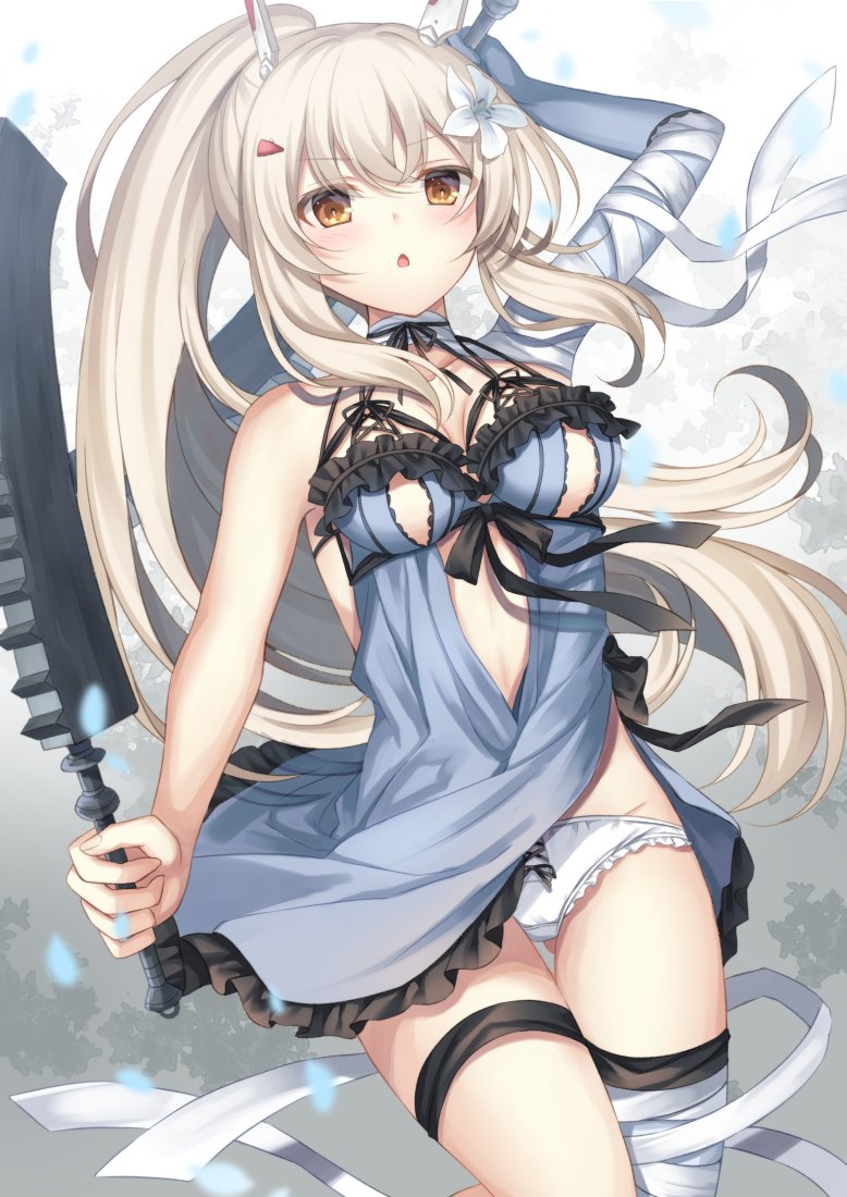 1girl alternate_costume arm_behind_head arm_up asymmetrical_legwear ayanami_(azur_lane) azur_lane bandaged_arm bandaged_leg bandages blue_dress bow bow_choker breasts choker cleavage commentary_request cosplay dress dual_wielding eyes_visible_through_hair flower flower_on_head hair_ornament hairclip headgear holding holding_sword holding_weapon kaine_(nier) kaine_(nier)_(cosplay) long_hair looking_at_viewer medium_breasts mismatched_legwear navel nier_(series) nier_reincarnation orange_eyes panties pantyshot parted_lips ponytail retrofit_(azur_lane) ribbon_choker sidelocks silver_hair solo sugisaki_yuu sword underwear weapon white_panties wind