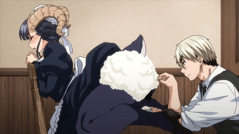 1boy 1girl 2025 20s ajin_ga_osuki_nan_desu_ne animal_ears animated animated_gif black_hair blouse blush braid breasts brooch closed_eyes cloven_hooves collared_shirt dress eyelashes eyeliner eyeshadow female_focus frills furry goat goat_ears goat_eyes goat_girl goat_horns goat_tail hairy hairy_legs horns jewelry kristof_(ajin_ga_osuki_nan_desu_ne) large_breasts leg_hair lipstick lowres maid maid_headdress makeup maya_(ajin_ga_osuki_nan_desu_ne) mole monster_girl pubic_hair puffy_sleeves pussy queen_bee shaving shaving_another shaving_brush shaving_cream shirt tagme wing_collar