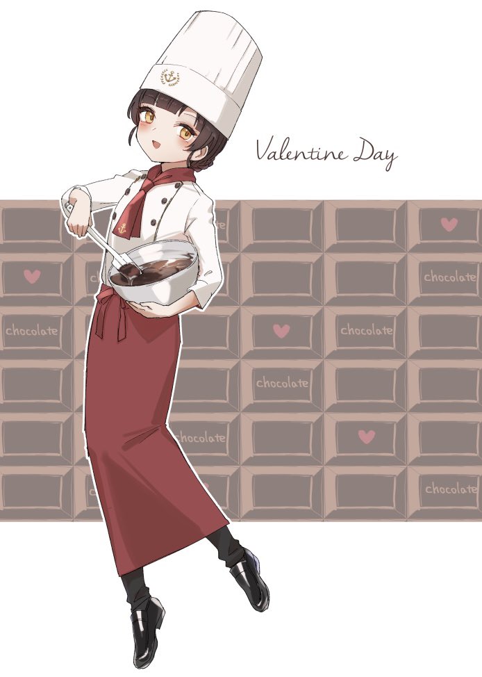 1girl alternate_costume ascot black_boots black_hair blunt_bangs boots bowl braid brown_eyes chef_hat chocolate double_bun full_body hair_bun hat kantai_collection long_hair one-hour_drawing_challenge red_ascot red_skirt shirt skirt solo toque_blanche twin_braids white_shirt yamashichi_(mtseven) yawata_maru_(kancolle)