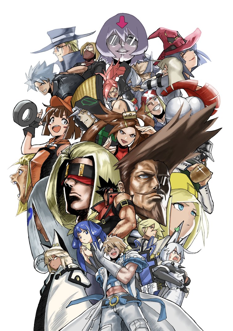 6+boys 6+girls animal_ears answer_(guilty_gear) arc_system_works axl_low baiken bedman bracelet chipp_zanuff dark_skin diffraction_spikes dizzy_(guilty_gear) elphelt_valentine english_text everyone fake_animal_ears faust_(guilty_gear) flasso glasses guilty_gear guilty_gear_xrd hair_between_eyes hair_over_one_eye high_collar i-no jack-o&#039;_valentine jewelry johnny_(guilty_gear) kum_haehyun kuradoberi_jam ky_kiske leo_whitefang looking_afar looking_at_viewer looking_away looking_back may_(guilty_gear) millia_rage mole mole_on_cheek multiple_boys multiple_girls multiple_views opaque_glasses own_hands_clasped own_hands_together ponytail potemkin_(guilty_gear) ramlethal_valentine raven_(guilty_gear) round_eyewear scar scar_across_eye scar_on_face sin_kiske slayer_(guilty_gear) sol_badguy spiked_bracelet spiked_hair spikes venom_(guilty_gear) zato-1