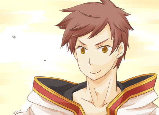 1boy brown_eyes brown_hair closed_mouth coat commentary_request gold_trim hood hooded_coat looking_at_viewer male_focus monk_(ragnarok_online) ragnarok_online satoimo_2009 short_hair smile solo upper_body v-shaped_eyebrows white_coat yellow_background