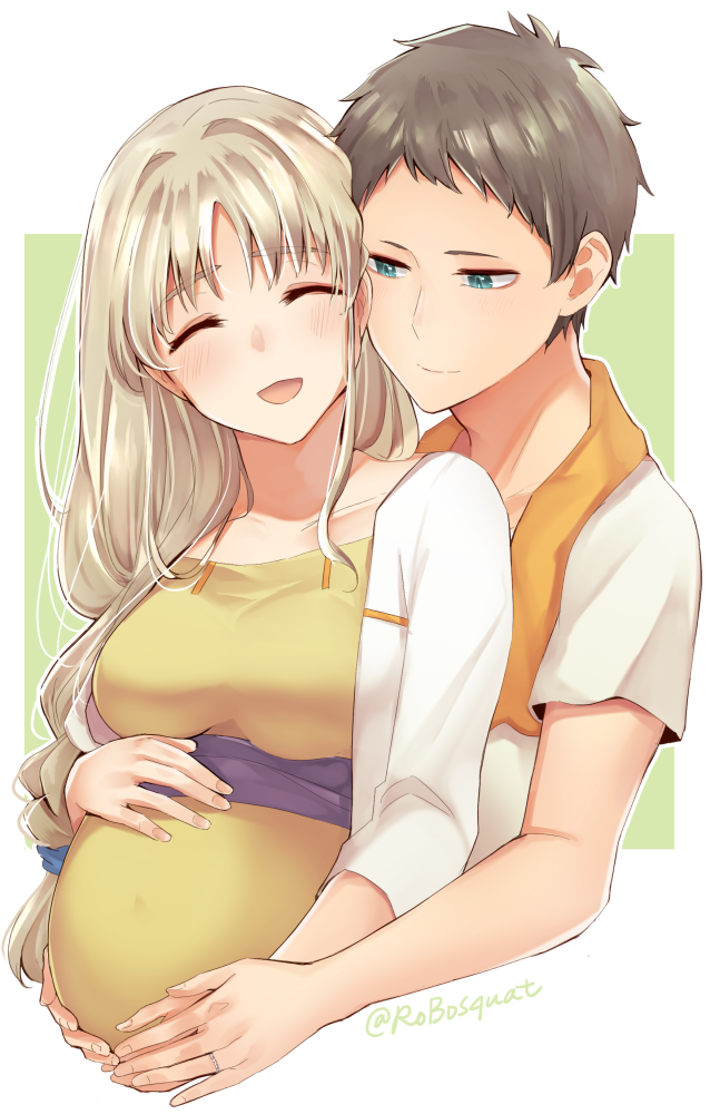 1boy 1girl :d ^_^ aqua_eyes blush bra braid breasts brown_hair brown_shirt carrot_(robosquat) cleavage closed_eyes collarbone couple cropped_torso darling_in_the_franxx green_background hands_on_another&#039;s_stomach hands_on_own_stomach hetero kokoro_(darling_in_the_franxx) light_smile long_hair long_sleeves looking_at_another low-tied_long_hair mitsuru_(darling_in_the_franxx) navel open_clothes open_mouth open_shirt pregnant shirt short_sleeves smile towel towel_around_neck underwear upper_body white_bra white_shirt