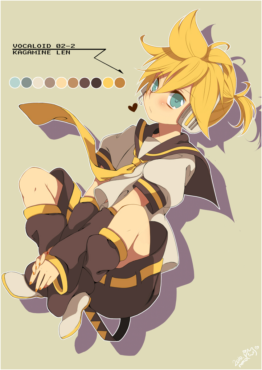 1boy aqua_eyes blonde_hair crossed_legs headphones headset highres indian_style kagamine_len male_focus necktie neko_(natsuiroclassic) shorts simple_background sitting solo vocaloid yellow_necktie