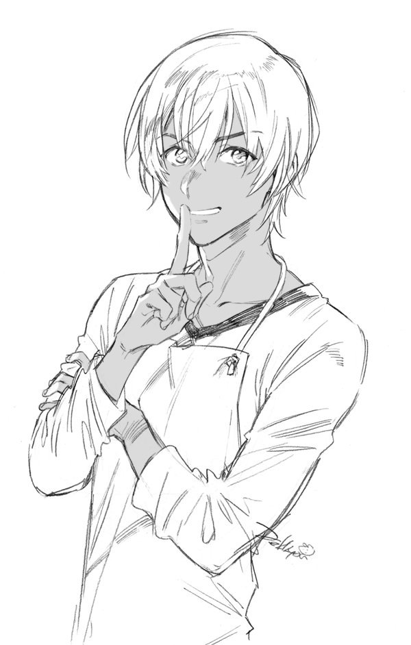 1boy apron collarbone commentary commentary_request dark_skin finger_to_mouth hair_between_eyes hand_on_own_arm hands_up hayama_akira lineart looking_at_viewer male_focus monochrome shirt shokugeki_no_souma short_hair shushing signature smile solo upper_body white_background zekkyou_(h9s9)
