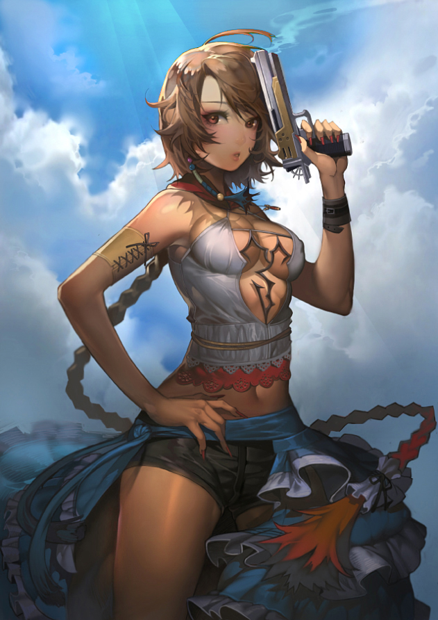 00s 1girl bad_id bare_shoulders black_shorts braid breasts brown_eyes brown_hair cleavage cloud cowboy_shot day female_focus final_fantasy final_fantasy_x final_fantasy_x-2 gun hand_on_own_hip hip_focus light_rays long_hair medium_breasts midriff navel repi short_shorts shorts single_braid sky smoke smoking_barrel solo sunbeam sunlight weapon yuna yuna_(ff10)