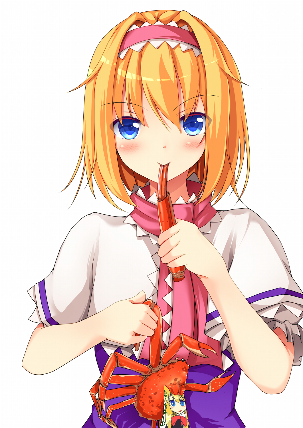 1girl alice_margatroid blonde_hair blue_eyes blush capelet commentary_request cookie_(touhou) crab dress eating frilled_capelet frilled_hairband frilled_neckwear frilled_sleeves frills hair_intakes hairband hazuna_rio highres hinase_(cookie) looking_at_viewer necktie pink_hairband pink_necktie purple_dress shirt short_hair simple_background sleeveless sleeveless_dress smile solo szk touhou upper_body white_background white_capelet white_shirt
