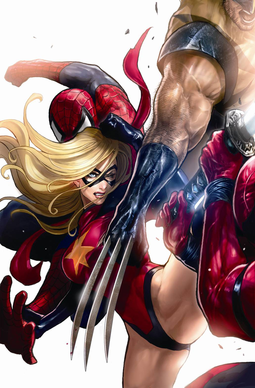 10s dark_reign deadpool deadpool_(series) fighting highres karla_sofen leotard marvel mask moonstone_(marvel) ms_marvel spider-man spider-man_(series) sword takeda_sana torn_clothes weapon wolverine_(x-men) x-men