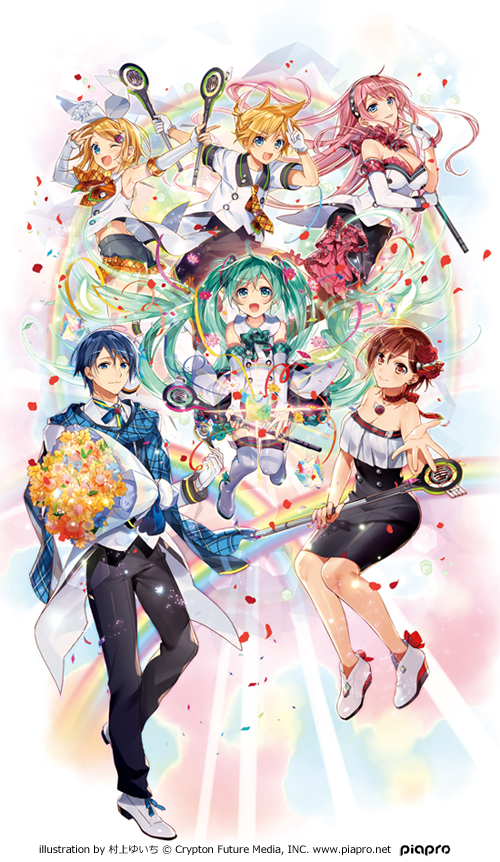 2boys 4girls aqua_eyes arms_up artist_name asymmetrical_gloves back_bow bare_arms bare_shoulders black_dress black_hairband black_pants black_shorts black_skirt blonde_hair blue_eyes blue_flower blue_hair blue_nails blue_scarf boots bouquet bow bow_choker bow_hairband bowtie breasts brown_eyes brown_hair choker cleavage closed_mouth company_name copyright_notice detached_sleeves dress elbow_gloves english_text falling_petals floating_clothes floating_hair floating_neckwear floating_scarf flower footwear_bow formal_clothes full_body gloves green_bow green_bowtie green_hair hair_flower hair_ornament hairband hairclip hand_up hands_up hatsune_miku holding holding_bouquet holding_microphone holding_wand invisible_chair jacket kagamine_rin kaito_(vocaloid) long_hair looking_at_viewer looking_back magical_mirai_(vocaloid) magical_mirai_kaito magical_mirai_kaito_(2017) magical_mirai_len magical_mirai_len_(2017) magical_mirai_luka magical_mirai_luka_(2017) magical_mirai_meiko magical_mirai_meiko_(2017) magical_mirai_miku magical_mirai_miku_(2017) magical_mirai_rin magical_mirai_rin_(2017) meiko_(vocaloid) microphone microphone_wand midriff midriff_peek multiple_boys multiple_girls murakami_yuichi neck_ribbon neckerchief necktie official_alternate_costume official_art one_eye_closed open_mouth orange_flower orange_neckerchief orange_necktie outstretched_arm pants parted_bangs petals pink_hair pink_skirt plaid_bow plaid_bowtie plaid_clothes plaid_neckerchief plaid_necktie plaid_scarf ponytail rainbow reaching reaching_towards_viewer red_choker red_flower red_nails red_petals red_rose ribbon rose rose_petals scarf second-party_source shirt shoes short_hair short_ponytail short_shorts short_sleeves shorts single_elbow_glove single_wrist_cuff sitting skirt sleeveless sleeveless_shirt smile strapless strapless_dress suit suit_jacket thigh_boots tube_dress twintails two-sided_fabric two-sided_skirt uneven_gloves v v_over_head very_long_hair vocaloid wand white_bow white_footwear white_gloves white_shirt white_sleeves white_tailcoat wrist_cuffs yellow_flower yellow_nails yellow_necktie