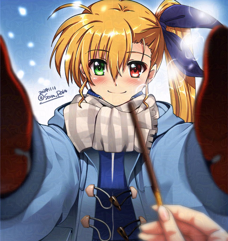 1girl blonde_hair blue_coat blue_ribbon blush coat dated food green_eyes hair_ribbon heterochromia long_hair lyrical_nanoha lyrical_store mahou_shoujo_lyrical_nanoha_vivid plaid_clothes plaid_scarf pocky pocky_day pov pov_hands red_eyes ribbon san-pon scarf side_ponytail smile solo_focus twitter_username upper_body vivio winter_clothes winter_coat