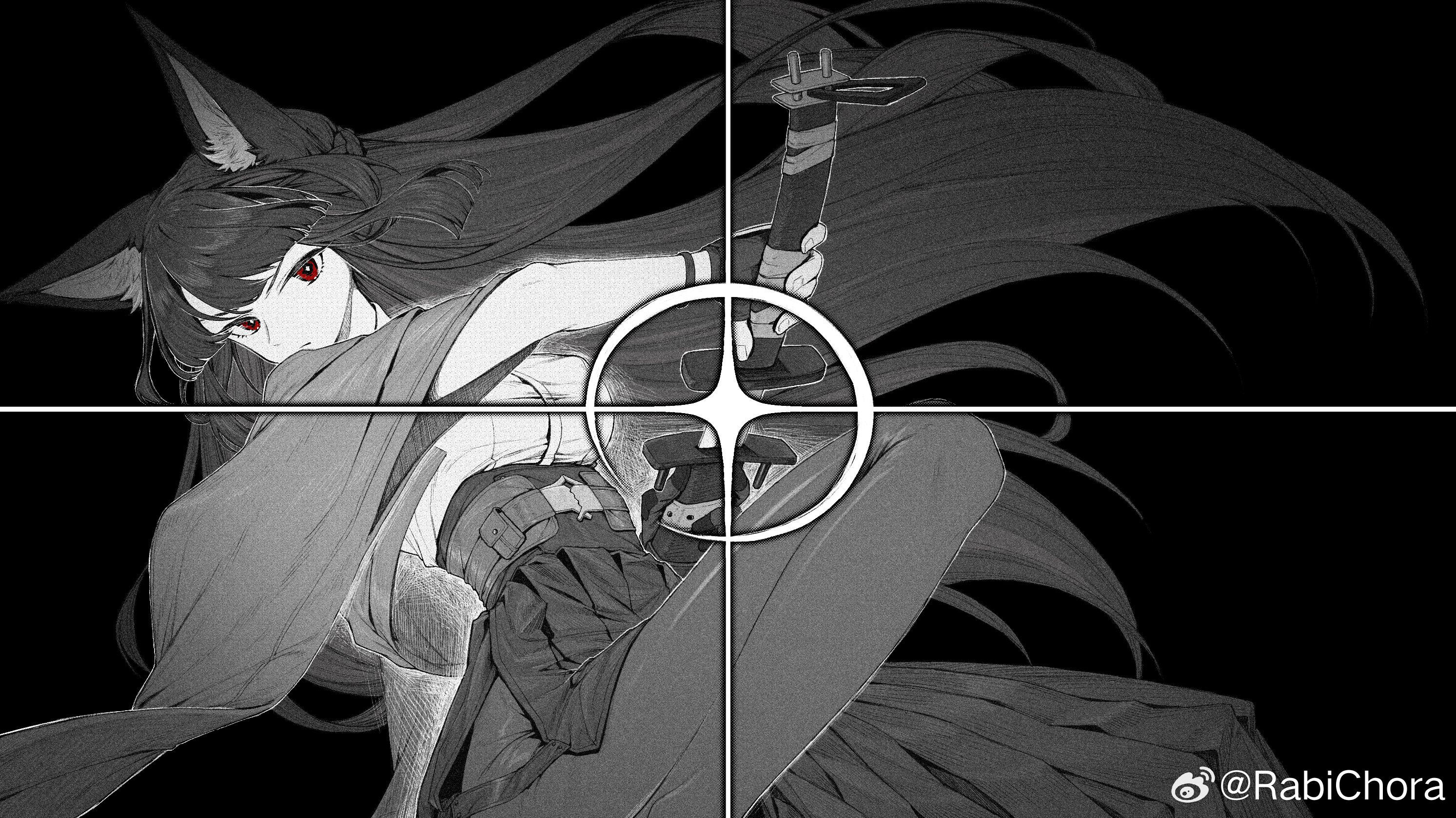 1girl animal_ear_fluff animal_ears artist_name asymmetrical_gloves black_background blunt_bangs chinese_commentary closed_mouth cowboy_shot cyta_celest fingerless_gloves fingernails fox_ears fox_girl gloves greyscale highres holding holding_sword holding_weapon hoshimi_miyabi long_hair looking_at_viewer mismatched_gloves monochrome pantyhose red_eyes serious sidelocks simple_background skirt social_media_composition solo spot_color sword watermark weapon weibo_watermark zenless_zone_zero