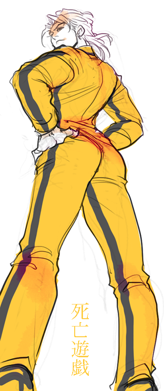 1boy ass bruce_lee&#039;s_jumpsuit color_connection dio_brando from_behind from_below game_of_death hands_on_own_hips jojo_no_kimyou_na_bouken jumpsuit male_focus merumeru626 solo stardust_crusaders translated yellow_jumpsuit