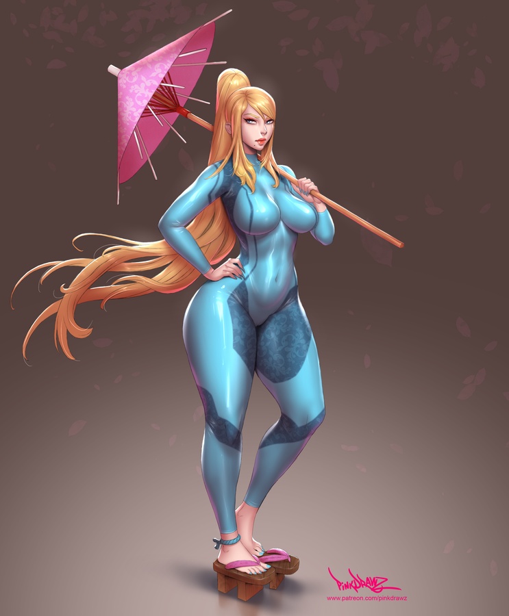 1girl blonde_hair blue_bodysuit blue_eyes bodysuit breasts feet geta gun latex long_hair looking_at_viewer metroid mole mole_under_mouth nintendo pinkdrawz ponytail samus_aran skin_tight smile solo umbrella weapon zero_suit
