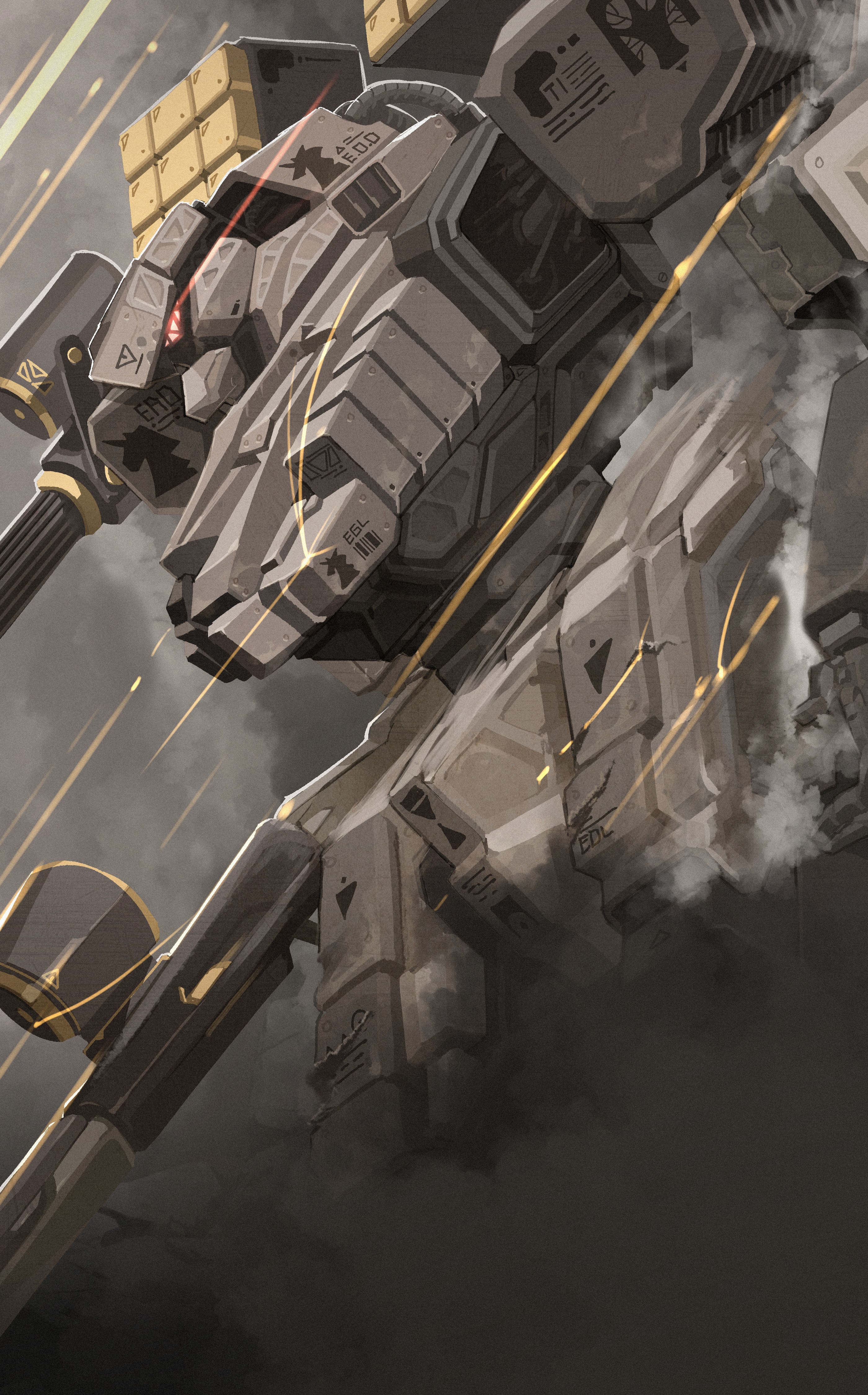 absurdres commentary cover cover_image cover_page english_commentary game_sog_cheonjae_mechanic gatling_gun gun highres holding holding_gun holding_weapon jin_rou mecha minigun missile_pod no_humans novel_cover official_art robot science_fiction smoke solo weapon