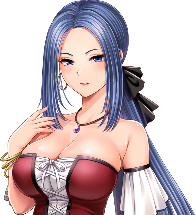 1girl bare_shoulders blue_eyes blue_hair blush bow breasts cleavage detached_sleeves dragon_quest dragon_quest_ix earrings female_focus hair_bow hand_on_own_chest hand_up hoop_earrings jewelry large_breasts light_blush light_smile long_hair looking_at_viewer necklace parted_lips ruida simple_background smile solo tachi-e transparent_background upper_body youta