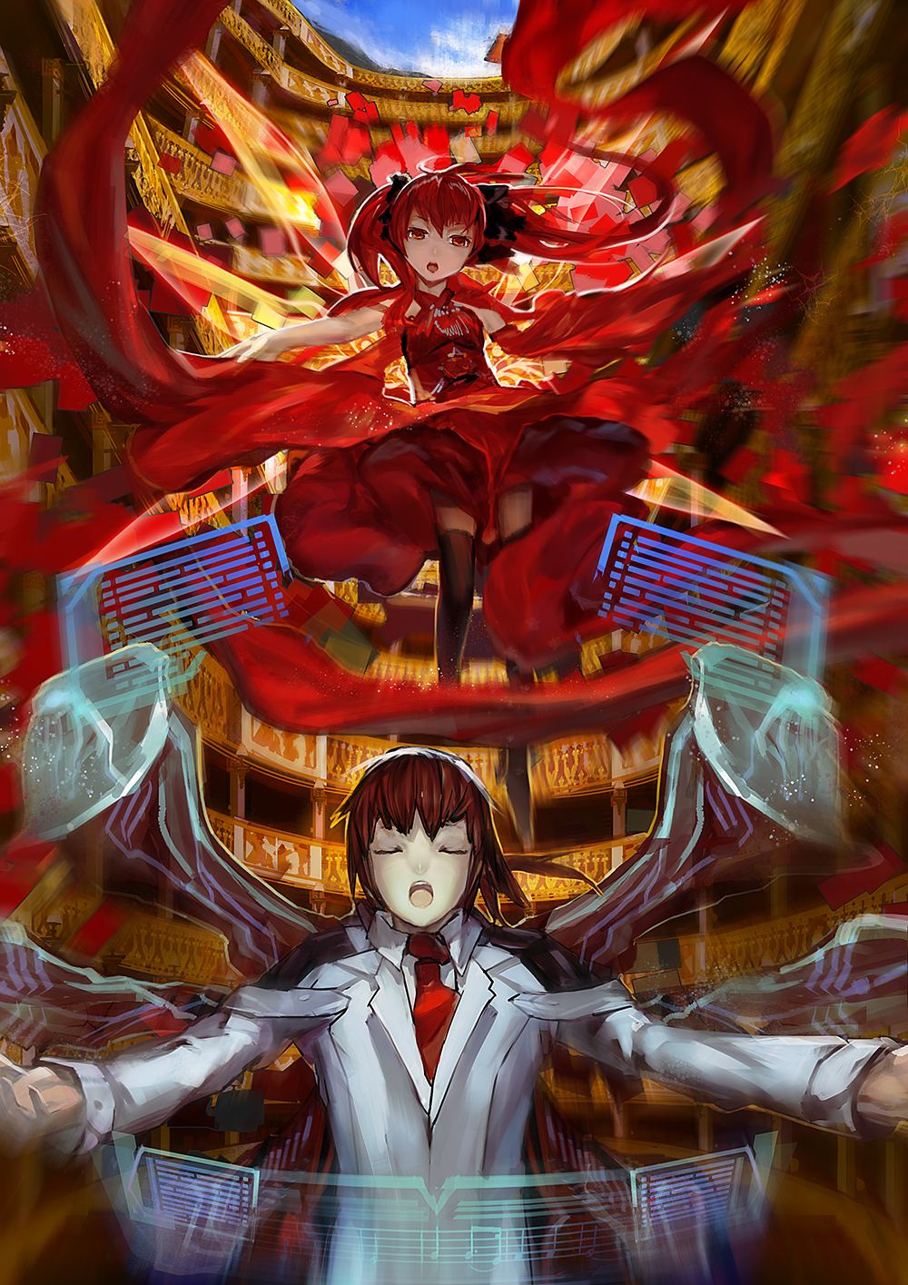 1boy 1girl bad_id bad_pixiv_id black_thighhighs brown_hair closed_eyes corticarte_apa_lagranges dan_evan display dress floating_screen hair_ribbon highres lab_coat long_hair monitor motion_blur necktie open_mouth outstretched_arms red_eyes red_hair ribbon shinkyoku_soukai_polyphonica sky spread_arms tatara_phoron thighhighs twintails