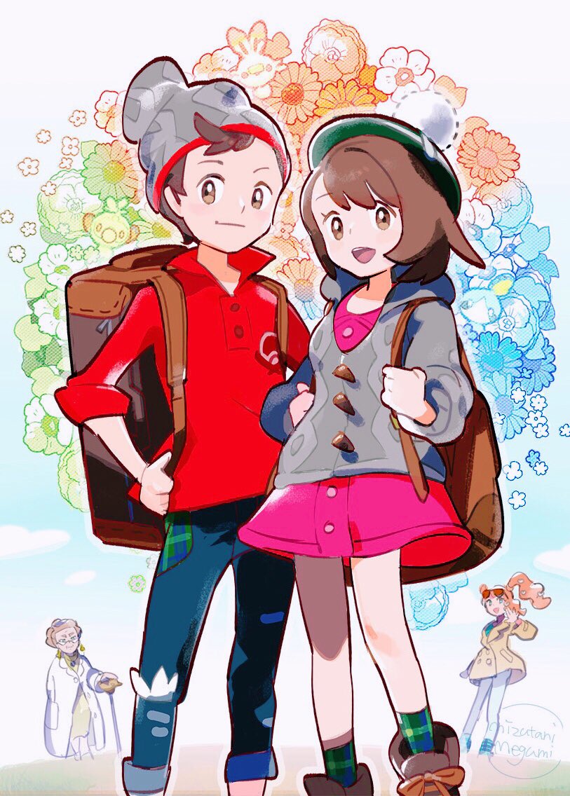 1boy 3girls backpack bag beanie bob_cut boots brown_bag brown_eyes brown_footwear brown_hair buttons cable_knit cane cardigan closed_mouth collared_dress commentary_request denim dress eyewear_on_head game_freak gen_8_pokemon glasses gloria_(pokemon) green_headwear green_legwear green_shirt grey_cardigan grey_headwear grookey hair_ornament hand_on_own_hip hat heart heart_hair_ornament holding_strap hood hooded_cardigan jeans jewelry lab_coat long_hair magnolia_(pokemon) mizutani_megumi multiple_girls necklace nintendo open_mouth orange_hair pants pink_dress plaid_clothes plaid_legwear pokemon pokemon_swsh red_shirt scorbunny shirt short_hair side_ponytail signature sleeves_rolled_up smile sobble socks sonia_(pokemon) standing suitcase sunglasses swept_bangs tam_o&#039;_shanter tongue torn_clothes torn_jeans torn_pants victor_(pokemon) waving yellow_dress