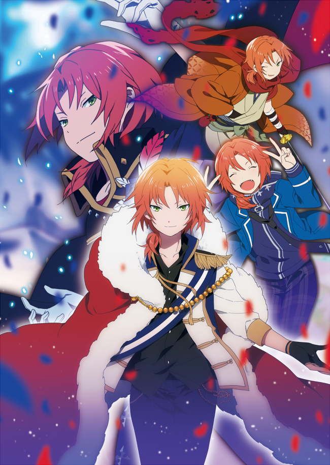 1boy black_gloves black_pants black_shirt blue_jacket cape closed_eyes collarbone double_v ensemble_stars! fangs fur-trimmed_cape fur_trim gloves green_eyes hidakarumen jacket japanese_clothes light_particles male_focus multiple_views one_eye_closed open_mouth orange_hair pants petals red_cape red_scarf rose_petals scarf shirt short_hair smile tsukinaga_leo v