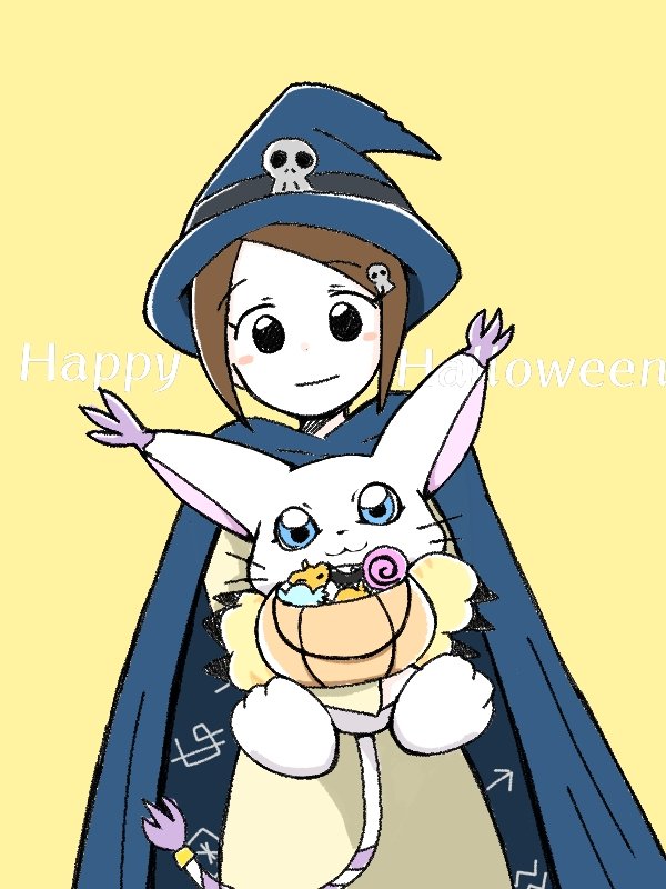 black_eyes blue_eyes blush cape cosplay digimon holy_ring skull smile tailmon wizarmon wizarmon_(cosplay) yagami_hikari