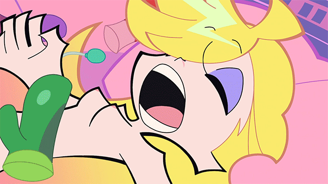 1girl animated animated_gif anime_screenshot blonde_hair breasts closed_eyes long_hair lying medium_breasts nipples on_bed panty_&amp;_stocking_with_garterbelt panty_(psg) sex_toy throwing vibrator