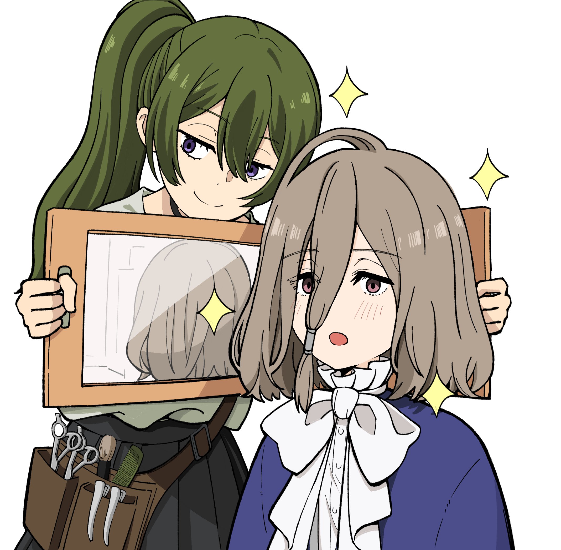 2girls :o alternate_hair_length alternate_hairstyle barber blue_capelet bow bowtie capelet comb commentary_request green_hair highres holding holding_mirror mirror multiple_girls oxymoron_0213 purple_eyes scissors sense_(sousou_no_frieren) side_ponytail simple_background smile sousou_no_frieren sparkle split_mouth ubel_(sousou_no_frieren) upper_body white_background white_bow white_bowtie
