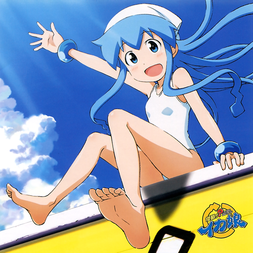 1girl bad_tag bare_legs barefoot blue_eyes blue_hair blue_sky blush bracelet cloud feet hat ikamusume ishikawa_masakazu jewelry logo official_art one-piece_swimsuit open_mouth rooftop shinryaku!_ikamusume sitting sky smile soles solo source_request squid squid_girl swimsuit tentacle_hair tentacles title toes waving