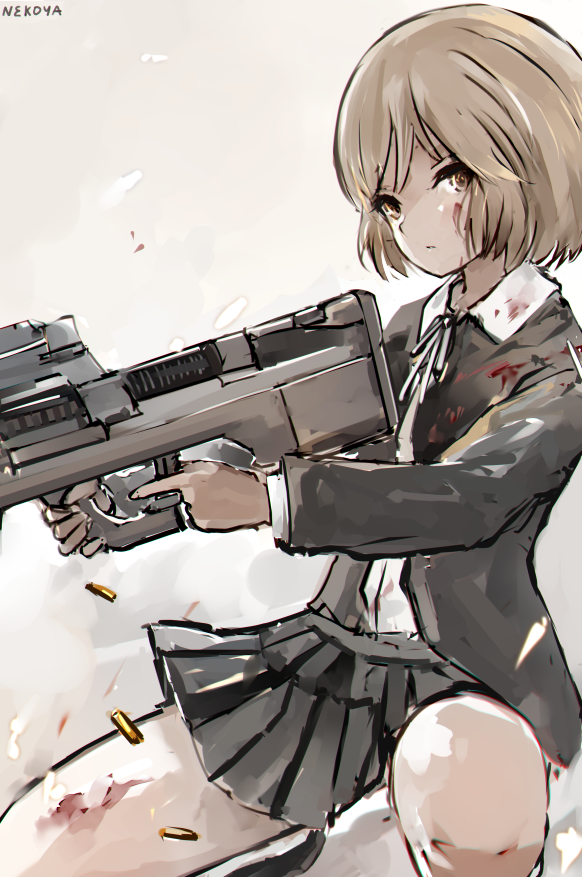 1girl ammunition artist_name bad_id bad_pixiv_id bad_tag black_jacket black_skirt blood blood_on_clothes blood_on_face brown_eyes brown_hair bullet bullpup closed_mouth collared_shirt commentary_request crossover fn_5.7x28mm girls&#039;_frontline gun gunslinger_girl handgun_cartridge henrietta_(gunslinger_girl) high-capacity_magazine holding holding_gun holding_weapon horizontal_magazine jacket long_sleeves looking_at_viewer military_cartridge neck_ribbon nekoya_(liu) open_clothes open_jacket p90 pdw_cartridge personal_defense_weapon pistol_cartridge pleated_skirt ribbon see-through_clothes shell_casing shirt short_hair signature skirt solo submachine_gun trigger_discipline weapon white_ribbon white_shirt