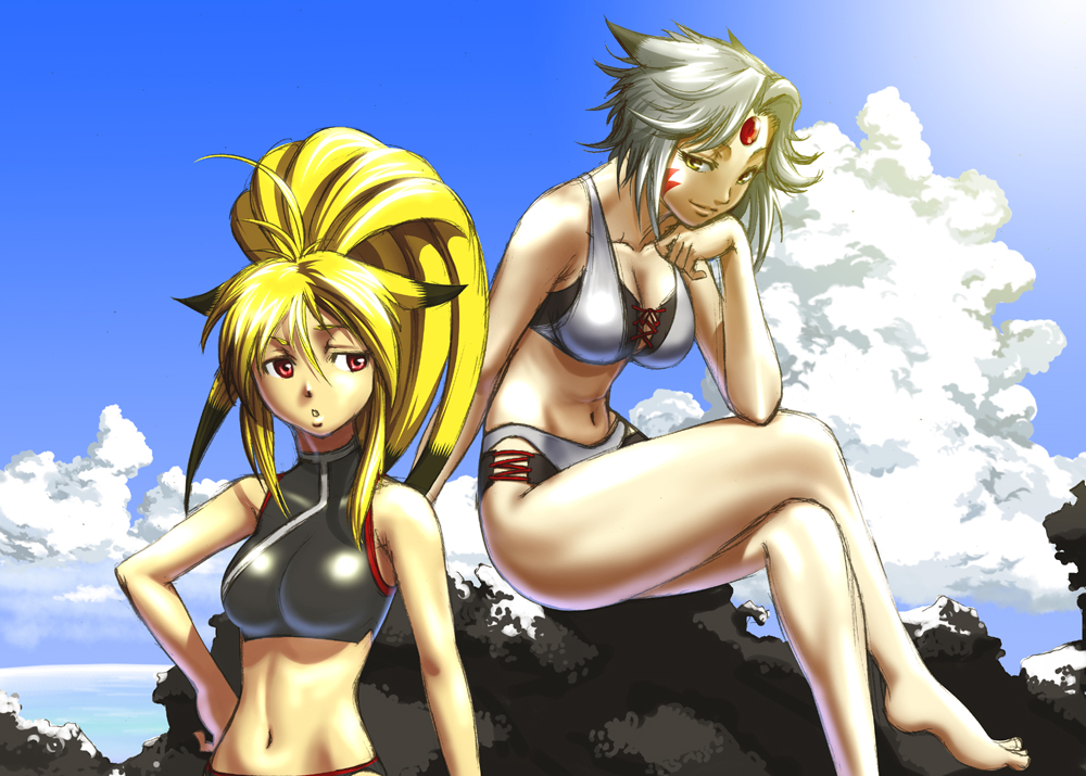 2girls ahoge animal_ears banpresto barefoot bikini blonde_hair breasts capcom head_rest cleavage day forehead_jewel fox_ears hand_on_own_hip hip_focus kazue large_breasts crossed_legs long_hair midriff multicolored_hair multiple_girls namco namco_x_capcom navel red_eyes saya_(namco_x_capcom) short_hair silver_hair sitting sports_bikini super_robot_wars super_robot_wars_og_saga_mugen_no_frontier swimsuit tankini two-tone_hair xiaomu yellow_eyes
