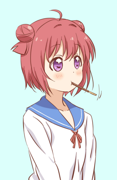 1girl ahoge akaza_akari blue_background collarbone double_bun female_focus food hair_bun hair_intakes mouth_hold pocky purple_eyes red_hair shikou_sakugo_(qqap9gt9k) shikousakugo simple_background solo white_background yuruyuri