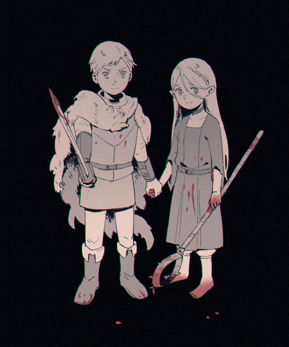 1boy 1girl aged_down ambrosia_(dungeon_meshi) armor barefoot belt black_background blood blood_on_clothes blood_on_hands blood_splatter bloody_weapon boots cape choker chromatic_aberration collarbone dress dungeon_meshi full_body greyscale highres holding_hands laios_touden marcille_donato monochrome pelt smile spot_color standing sword tedty33 vambraces weapon