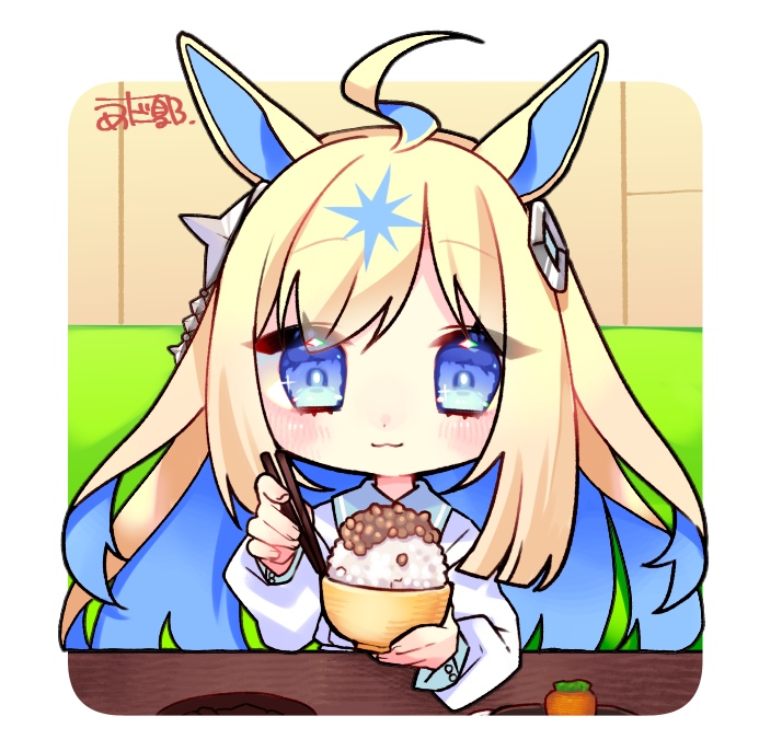 1girl ahoge animal_ears beans blonde_hair blue_eyes blue_hair blush bowl chibi chopsticks colored_inner_hair food hair_between_eyes hair_ornament holding holding_bowl holding_chopsticks horse_ears horse_girl horse_tail long_hair long_sleeves multicolored_hair nattou neo_universe_(umamusume) rice solo tail two-tone_hair umamusume ume_(pickled_plum) very_long_hair