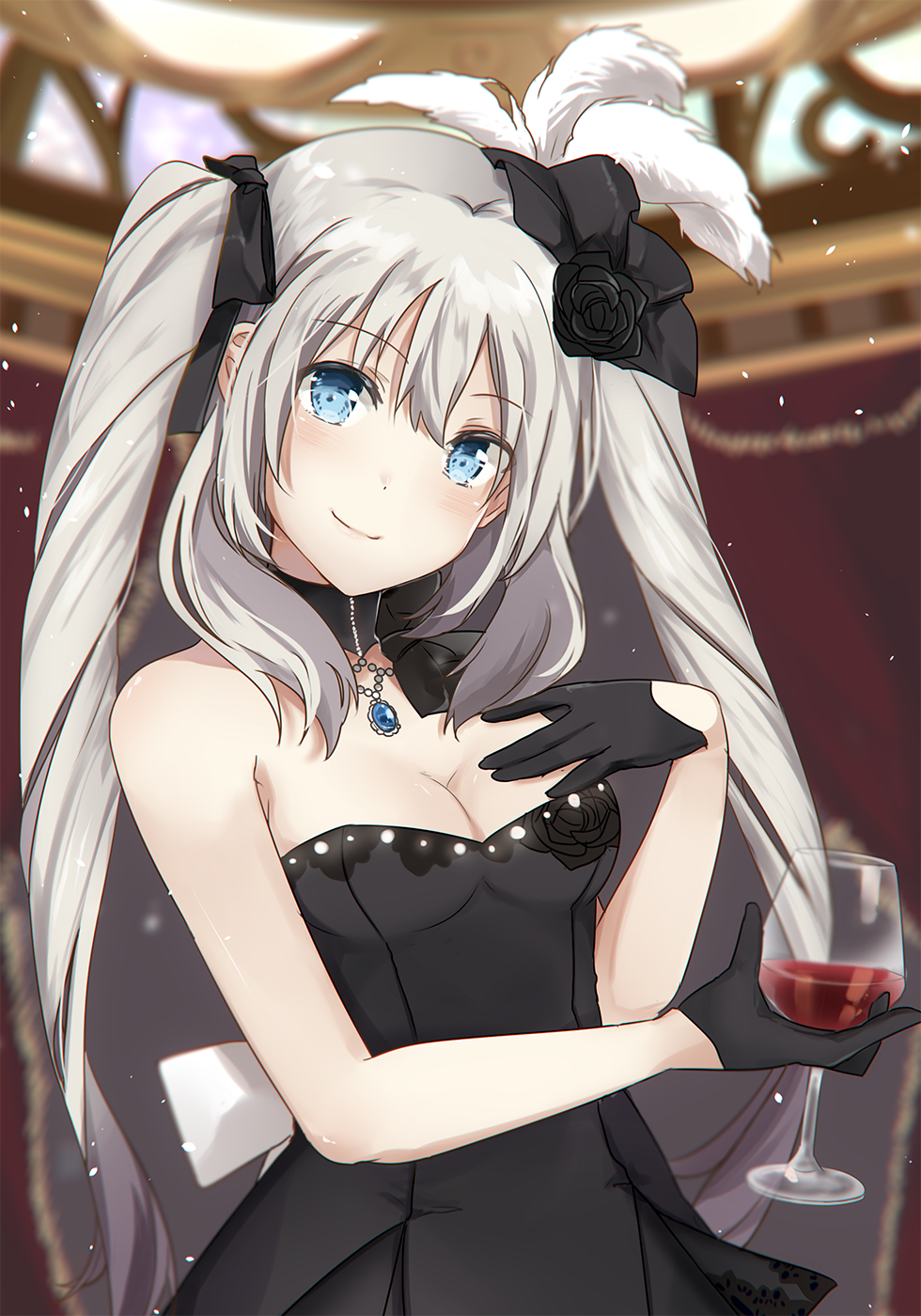 bare_shoulders blue_eyes blush breasts cleavage cup dress drinking_glass fate/grand_order fate_(series) gloves grey_hair highres jewelry long_hair marie_antoinette_(fate) marie_antoinette_(formal_dress)_(fate) necklace official_alternate_costume rider_(marie_antoinette) smile solo twintails very_long_hair wine_glass