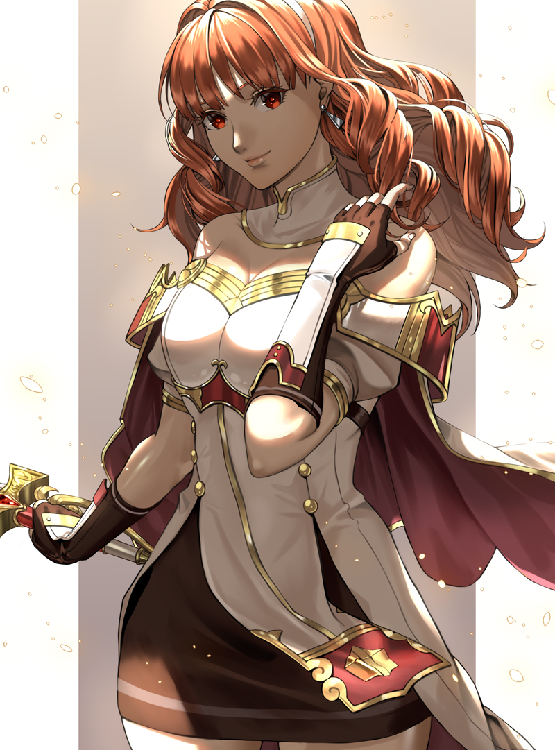 1girl bare_shoulders black_gloves black_skirt breasts celica_(fire_emblem) cleavage closed_mouth commentary cowboy_shot delsaber detached_collar dress earrings fingerless_gloves fire_emblem fire_emblem_echoes:_shadows_of_valentia floating_hair gloves gold_trim hair_intakes holding holding_sword holding_weapon jewelry lips long_hair looking_at_viewer nintendo off-shoulder_dress off_shoulder orange_eyes orange_hair pink_lips puffy_short_sleeves puffy_sleeves red_eyes short_sleeves skirt smile solo standing sword weapon white_dress