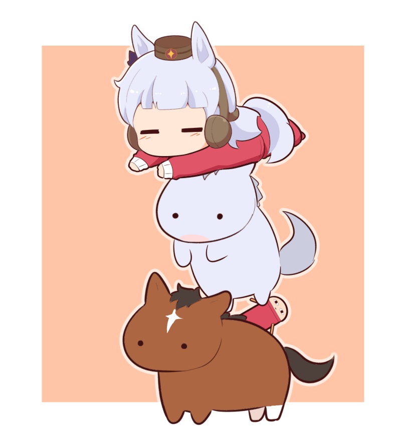 1girl animal animal_ears blush brown_background brown_hat character_request chibi closed_eyes creature_and_personification ear_covers facing_viewer gintama gold_ship_(umamusume) gomashio_(goma_feet) grey_hair hat horse horse_ears horse_girl horse_tail jacket justaway long_hair lying mini_hat on_stomach pants personification red_jacket red_pants tail track_jacket track_pants track_suit two-tone_background umamusume very_long_hair white_background