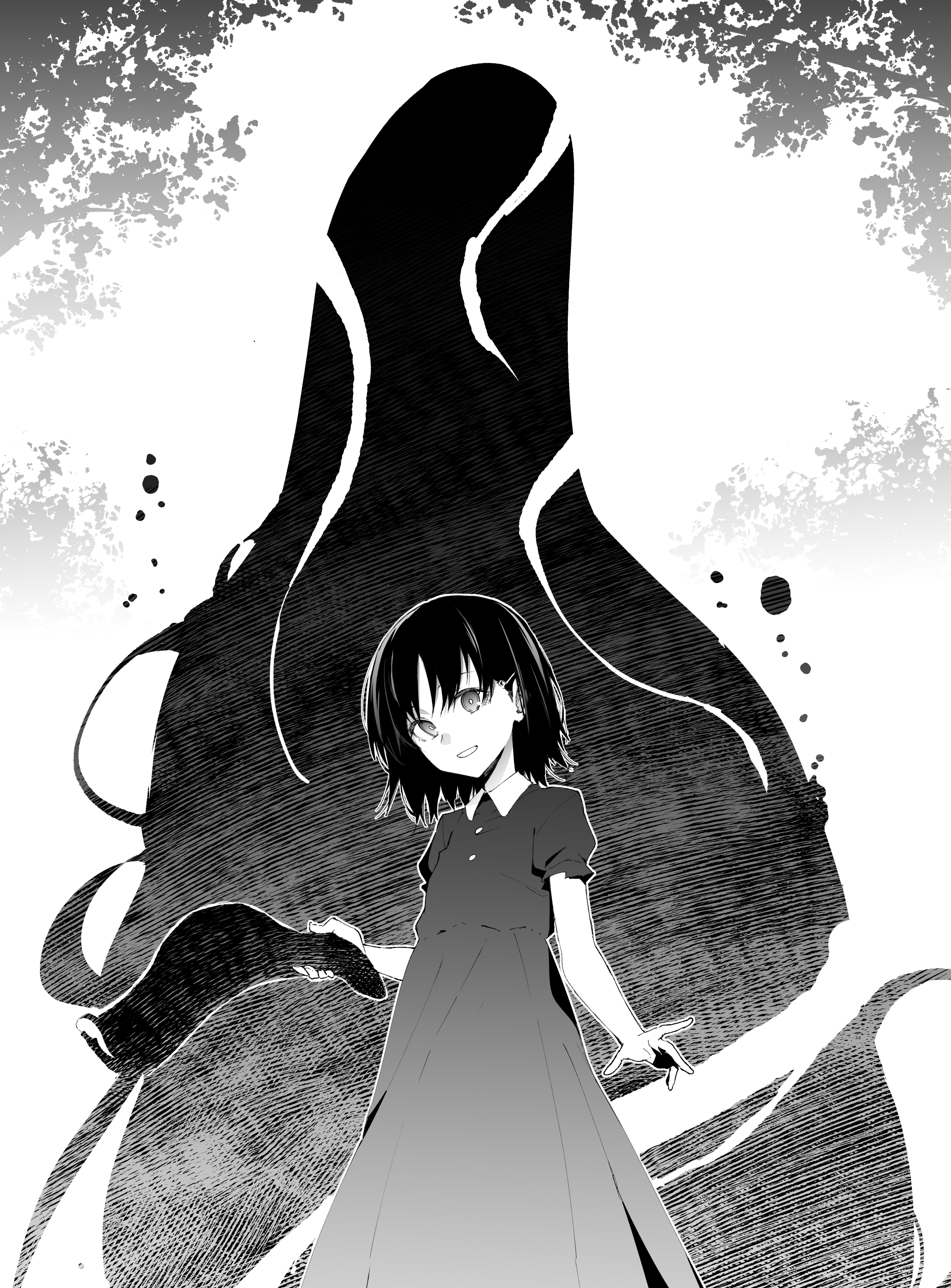 1girl 1other absurdres darkness dress fate/strange_fake fate_(series) greyscale hair_ornament hairclip highres kuruoka_tsubaki monochrome pale_rider_(fate) smile tentacles tsukamoto_minori