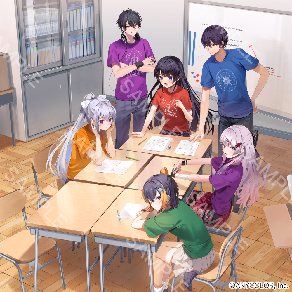 2boys 4girls :d black_hair black_pants blue_shirt blush braid chair closed_mouth commentary_request crossed_arms desk fishnets green_shirt grey_hair grey_pants grey_skirt hair_between_eyes hair_ornament hair_ribbon hairclip headphones headphones_around_neck higuchi_kaede indoors ishigami_nozomi kanda_done kenmochi_touya multiple_boys multiple_girls nijisanji nijisanji_en official_art on_chair open_mouth orange_shirt pants petra_gurin plaid_clothes plaid_skirt pleated_skirt ponytail purple_eyes purple_shirt red_eyes red_shirt red_skirt ribbon sample_watermark school_chair school_desk shirt sitting skirt smile standing tsukino_mito virtual_youtuber watermark white_ribbon white_skirt wooden_floor yumeoi_kakeru