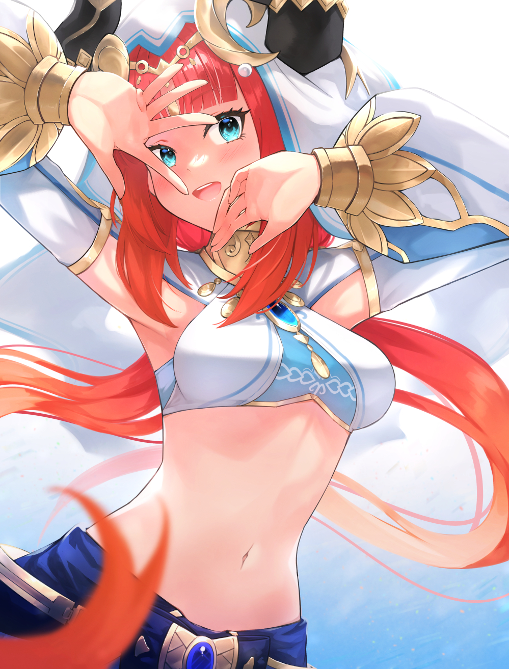 1girl aqua_eyes arms_up blue_gemstone blue_skirt blunt_bangs blush breasts clip_studio_paint_(medium) crop_top dancer detached_sleeves floating_hair forehead_jewel gem genshin_impact gold_trim harem_outfit highres horns long_hair long_sleeves looking_at_viewer medium_breasts navel nilou_(genshin_impact) open_mouth parted_bangs puffy_long_sleeves puffy_sleeves red_hair rizihike shirt skirt sleeveless sleeveless_shirt smile solo stomach teeth twintails upper_teeth_only veil vision_(genshin_impact) white_headdress white_shirt white_sleeves white_veil