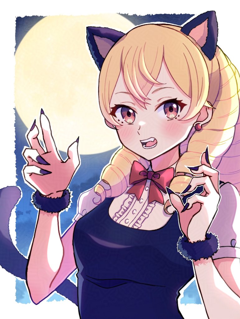 1girl alternate_costume animal_ears arms_up black_nails blue_sky border bow bowtie breasts brown_eyes commentary_request double-parted_bangs drill_hair fake_animal_ears fake_tail fire_emblem fire_emblem_awakening full_moon gogatsu_(yeaholiday) looking_at_viewer maribelle_(fire_emblem) moon night night_sky nintendo open_mouth outside_border red_bow red_bowtie sky solo tail teeth white_border